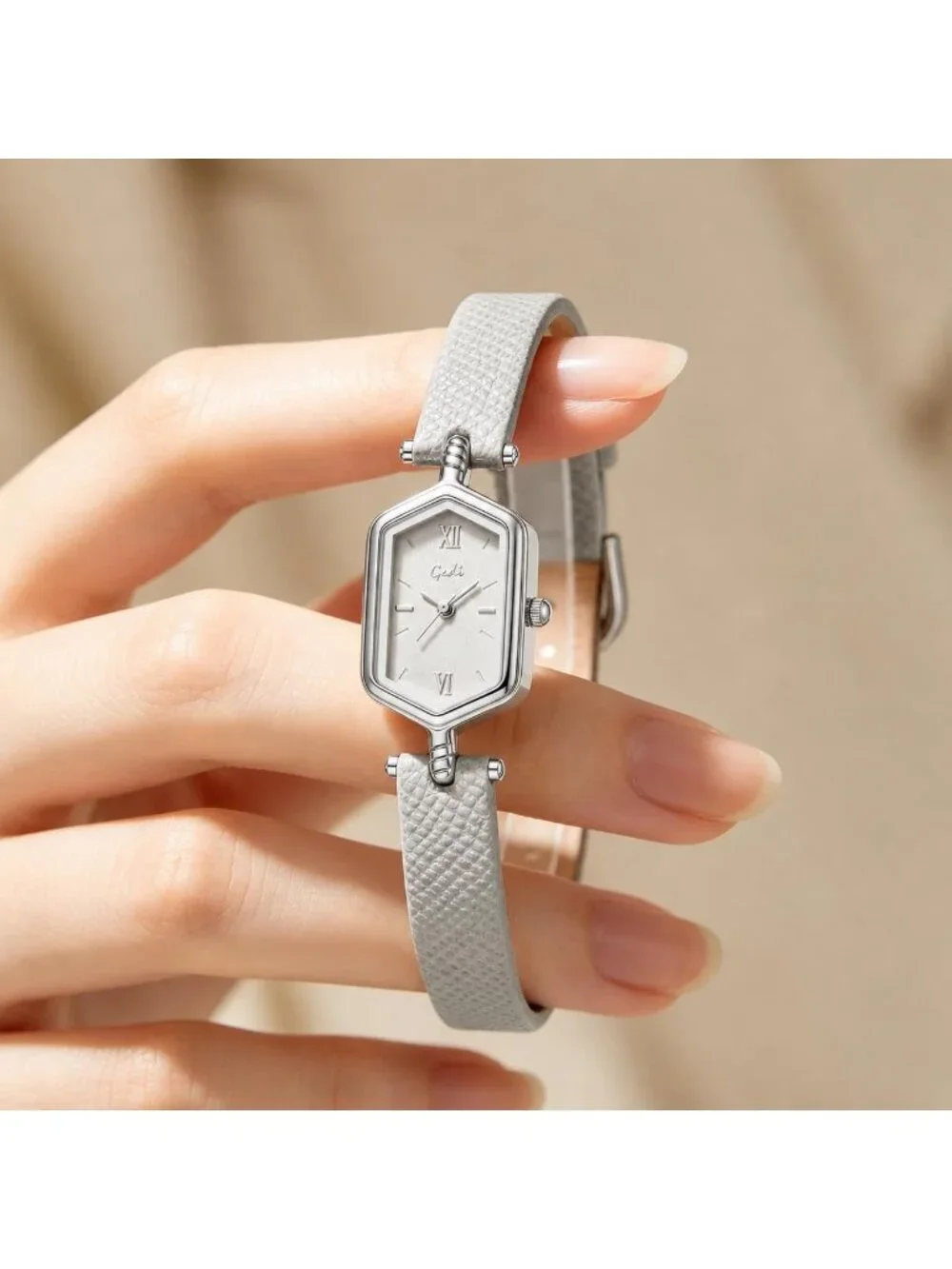 Women's Gray Blue Vintage Slim Leather Strap Bracelet Hexagon Case Wrist Watch